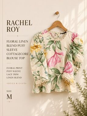 Rachel Roy Floral Linen Blend Puff Sleeve Cottagecore Blouse Top Size Medium
